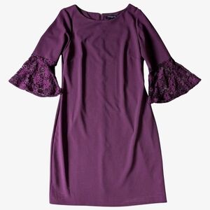 Sharagano purple lace bell sleeve mini dress